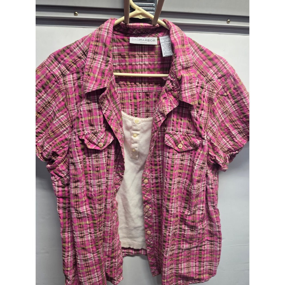 Sag Harbor Woman Plus 2X Pink Olive Plaid Short Sleeve Shirt & Tank Set T74389